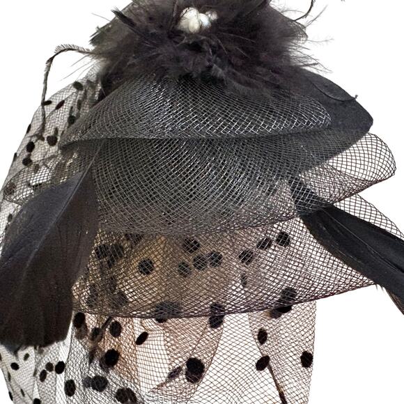 Black Feather Polka Dot Fascinator Hat w/ Faux Pearl Bow Horse Race Whimsygoth main image 8
